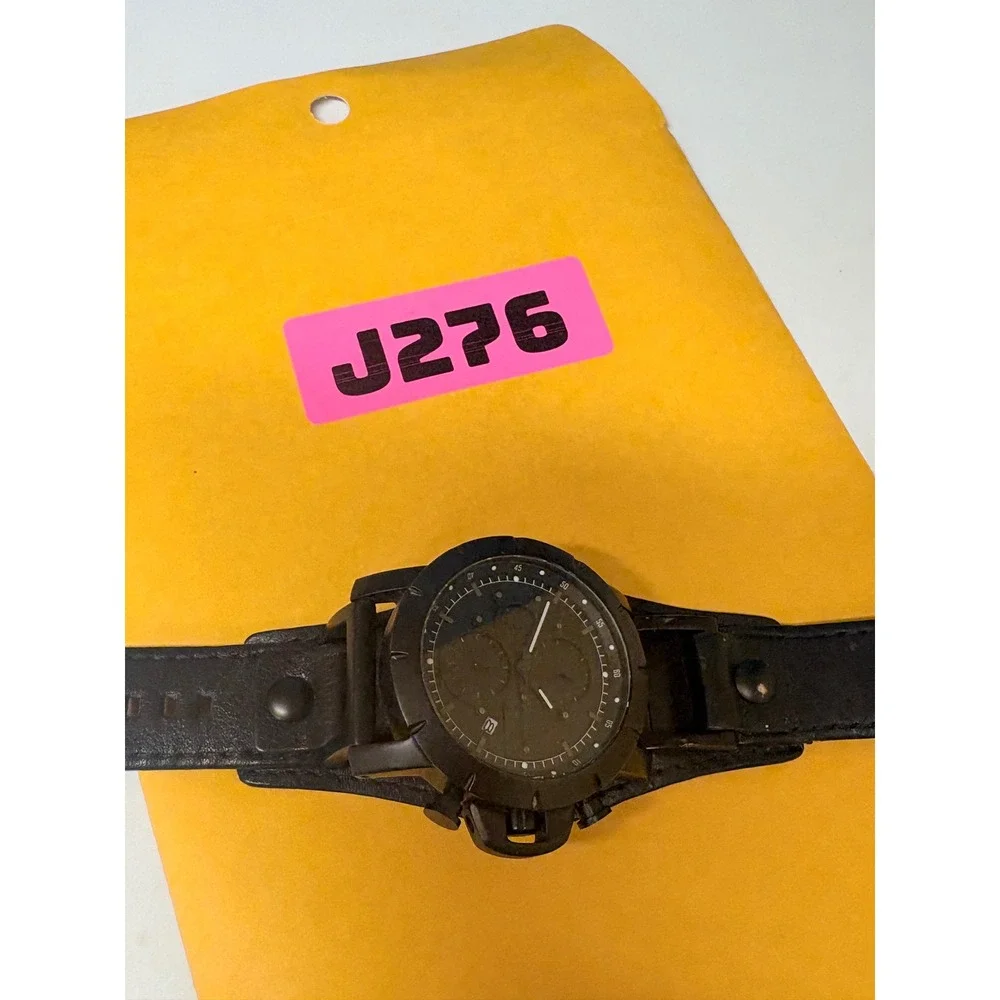 Fossil Mens Chronograph Black Leather Cuff Watch JR1157 Analog Date Need Battery